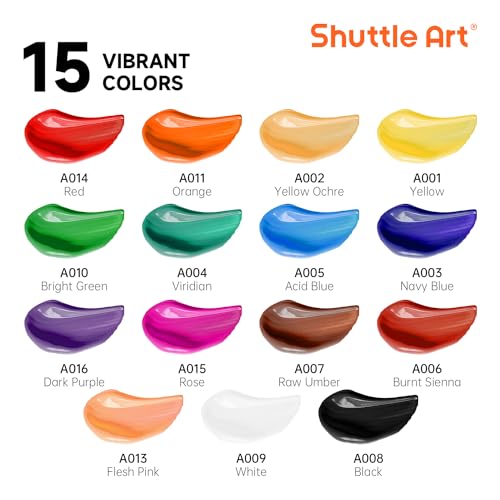 Shuttle Art Acrylic Paint Set, 15 x 12ml Tubes Artist Quality Non Toxic Rich Pigments Colors Perfect for Kids Adults Beginners Artists Painting on Canvas Wood Clay Fabric Ceramic Crafts - color: 15 Colors, size: 0.4 Fl Oz (Pack of 15)