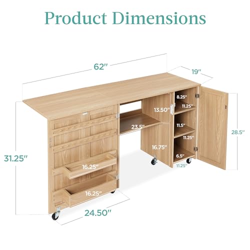 Best Choice Products Large Folding Sewing Table, Multipurpose Portable Craft Station & Side Desk w/Compact Design, Caster Wheels, Storage Shelves, 2 Storage Trays, Magnetic Doors - Light Brown - color: Light Brown