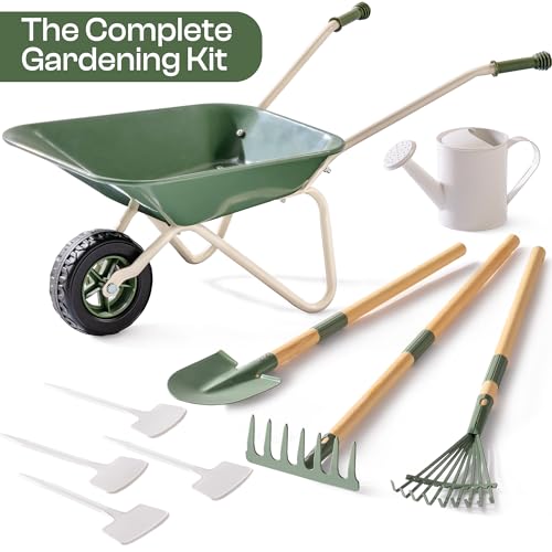 ROBOTIME Kids Wheelbarrow with Gardening Set – Metal Wheelbarrow Toddler Outdoor Play Toy with Garden Tools, Watering Can & Plant Labels, Pretend Play Yard Equipment for Boys and Girls (Green) - color: Green