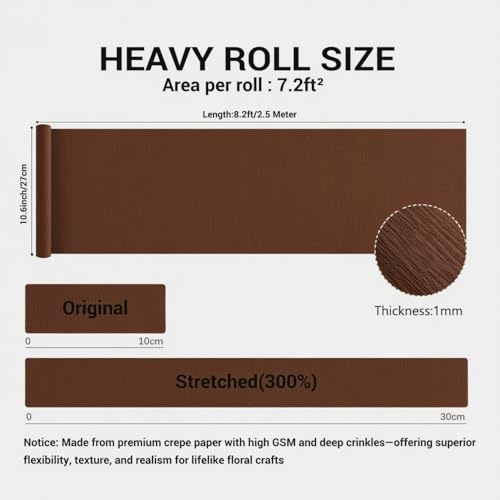 Heavy Crepe Paper for Flower Making, DIY Crafts | Italian-Quality Crepe Paper with 300% Stretch | Papel Crepe de Colores Paquete - color: Chocolate Brown, size: Short (10.6")