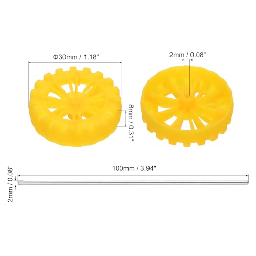 MECCANIXITY 30pcs Toy Car Tires 30mm OD, 8mm Thick, RC Model Car Wheels with 2mm OD x 100mm Long Shaft for Craft Project Hobby, Yellow - color: Yellow, size: 30mmx8mm 2mmx100mm
