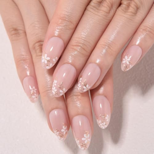 evpct 3D Nude Pink Press on Nails Short Almond with Gold White Flower - color: 24Pcs Nude Pink & White Flower Design-4065, size: Short Almond