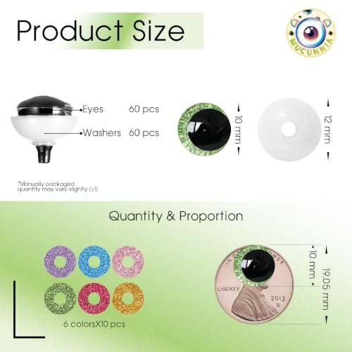 MUCUNNIA 120pcs 10mm 3D Sparkle Moon Safety Eyes for Amigurumi with Washers - size: 10mm