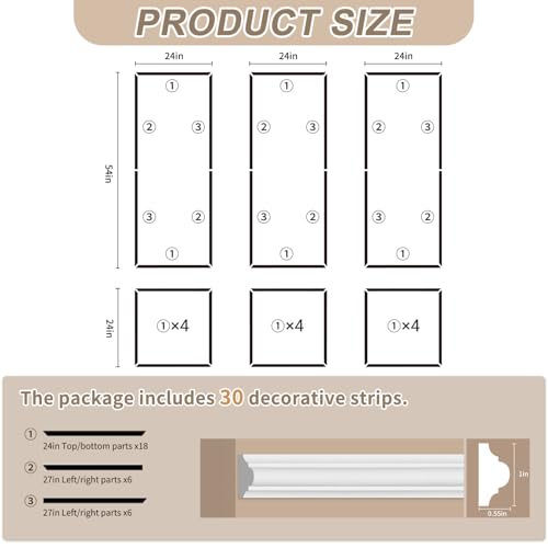 JBER Peel and Stick Wall Molding Kit, 6 Pre-Cut Wainscoting Panels - color: White-3 Pack-A, size: 78 x 24 in