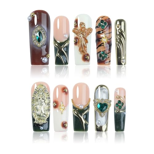 Luxury Baroque Press-On Nails 10pcs, Handmade Long Square Acrylic Nails with Sculpted Gold Relief, Gemstone Heart Charms & Pearl Details, Vintage Green Brown Glossy Design for Statement Style – Appife - color: Dark Elegance, size: M