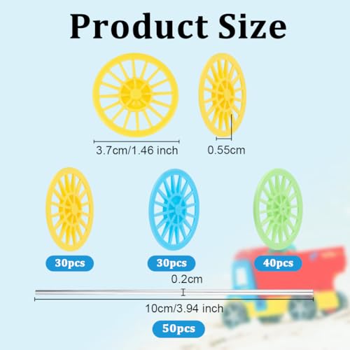 OLYCRAFT 100Pcs 3 Colors Plastic Project Wheels 1.5x0.2 Inch Shaft Round Rod Axles STEM Shaft Plastic Wheels and Steel Axles for DIY Projects Car Truck Boat Model Part Building Projects
