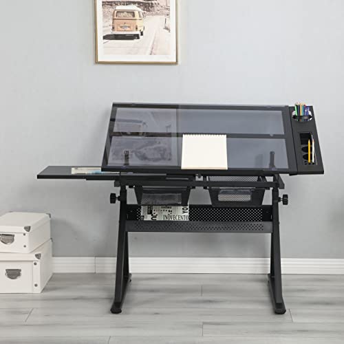 40-Inch Adjustable Glass Drafting Table, 0-70° Tilt Artist Desk, Drawers - color: Black-p