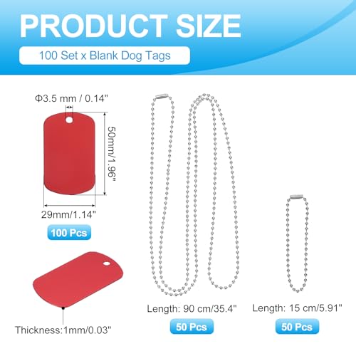 MECCANIXITY Blank Dog Tags Rectangle Blank Aluminum Blank Keychains Two Size Length Ball Steel Chains Metal Personalized Pet Tags with Hanging Hole for DIY Crafts Red, 100 Set - color: Red