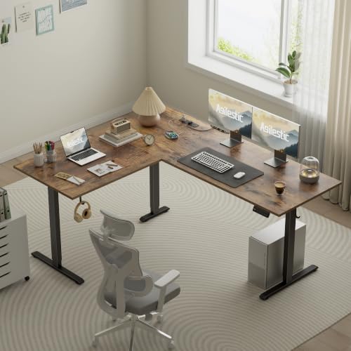 63 Inch L Shaped Electric Standing Desk, Corner Workstation, Rustic Brown - color: Basic-rustic Brown, size: 63x48 Inch