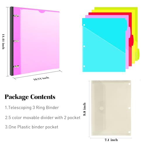INFUN 1 Inch 3-Ring Telescoping Project Organizer Binder,13 Pocket, Customizable Front Cover, 5 Colors Pocket Divider and Plastic Binder Pocket,225 Sheet Capacity-Pink - color: Pink, size: 1 PCS