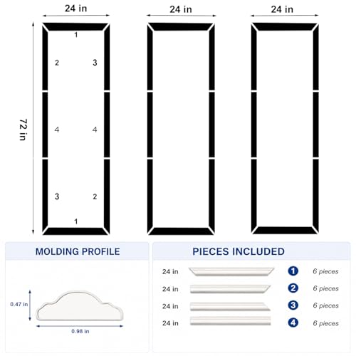 3 Set Peel and Stick Wall Molding Kit,Pre Cut Wainscoting Panels,24x72in - color: 24x72in