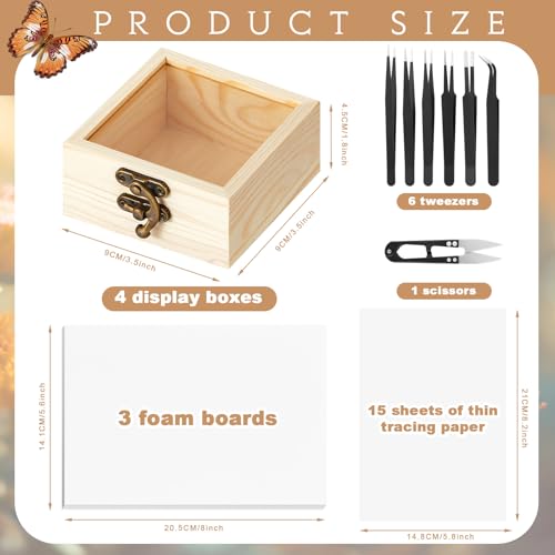 Spiareal 32 Pcs Insect Specimen Tools Kit Include 3.54 x 3.54 x 1.77 in 4 Pcs Display Case Box 3 Foam Pinning Board 3 Tubes Pins 6 Tweezers Butterfly Insect Pinning Kit Entomology Collection Supplies
