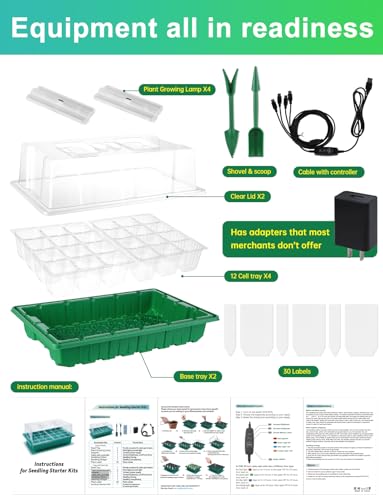 Large Seed Starter Trays with Heat Mat, Seed Starter Kit with 48 Full Spectrum LEDs, 24 Large Cells Seed Germination Kit with Adjustable Humidity Vents for Indoor Plants Seeds Starting - size: L×1 with Heat Mat