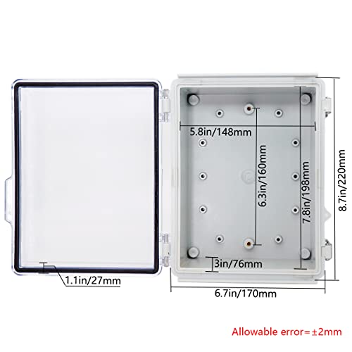 Zulkit Junction Box ABS Plastic Dustproof Waterproof IP67 Electrical Boxes Hinged Shell Outdoor Universal Project Enclosure Grey Clear Cover, Stainless Steel Buckles 8.7 x 6.7 x 4.3 Inch - size: 8.7"x6.7"x4.3" TC k