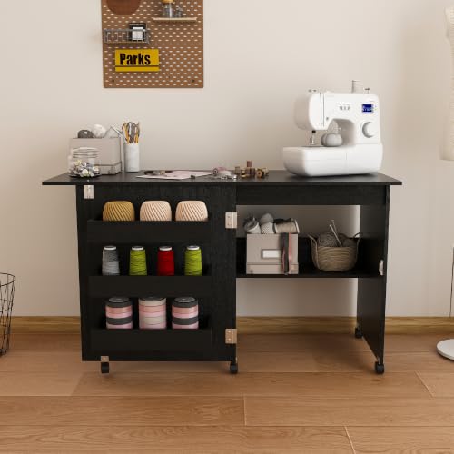 45" Folding Sewing Table with Lockable Wheels, 4-in-1 Craft Station - color: Black-m