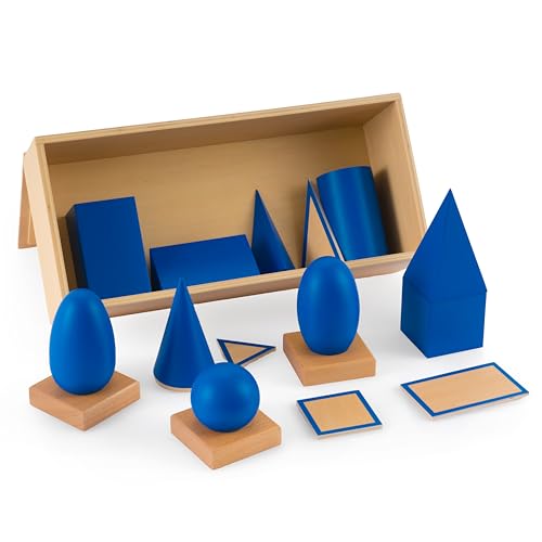 Premium Montessori Geometric Solids with Matching Cards, Solid Beechwood 3D Shapes, Plane Figures, Stands & Cards, Sensorial Geometry Materials for Spatial Awareness, Homeschool Classroom Kids 3-9