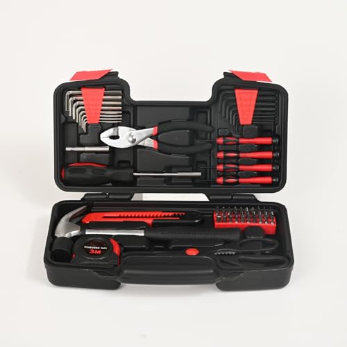 58-Piece Household Tool Set, Home Tool Kit with Storage Case, Red - color: Red, size: 58-Piece
