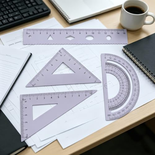 Multifunctional Geometric Ruler Set Protractor Triangle Straight Ruler Hand Measurement Drawing Tools with Storage Box for School Carpentry (Purple-1pc) - color: Purple-1pc