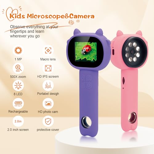 Microscope for Kids 500x Magnification,Mini Pocket Handheld Microscope with 2.0" Screen for Toddlers-STEM Educational Science Kit Toys for Boys Girls Aged 3-12 Christmas Birthday Gifts (Purple) - color: Purple