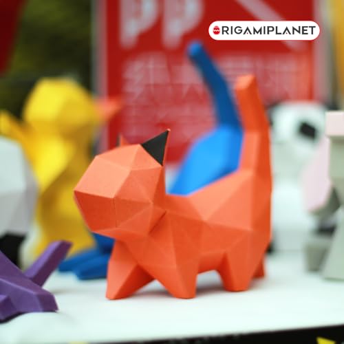 ORIGAMIPLANET 3D Origami Paper Craft Kit, Walk Kitten Cute DIY Pre-Cut Animal Papercraft Model for Beginners, Fun Handmade Home Decoration Gift for Adults & Teens-Orange