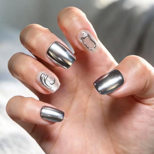 6 Packs (144 Pcs) | Reusable Press on Nails | cute nails | 6-Style Bundle | 12 Sizes | Each Style 24 Pcs | Luxury Chrome & 3D - color: Luxury Chrome & 3D