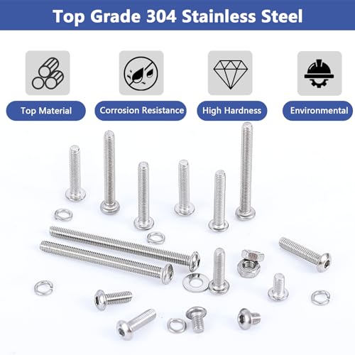 M3 304 Stainless Steel Button Head Hex Socket Cap Screws Assortment Kit,SUVICTONG 4-40mm Bolts and Nuts,2000pcs Metric Machine Screws with Flat and Lock Washers,Wrench for DIY 3D Printer - color: Silver