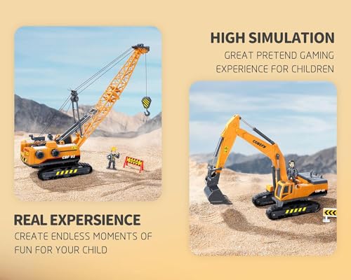Kids Construction Toys for Boys, Playset of Excavator Toy, Crane Toy & Semi Truck Toy Tractor Lowboy Trailer, Construction Trucks for Toddler, Ideal Birthday Party Favor Gift for 3 Years Old and Up