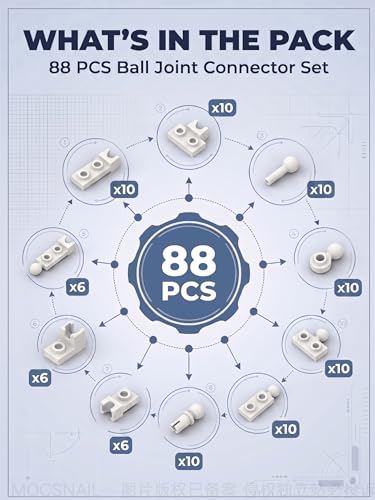 88 PCS Small Ball and Socket Joints Pieces Compatible with Lego Pieces, White 10 Sizes Ball Joint Socket Connectors, Figure Limb Building Blocks Bulk, Universal Joint Axle MOC Parts - color: White