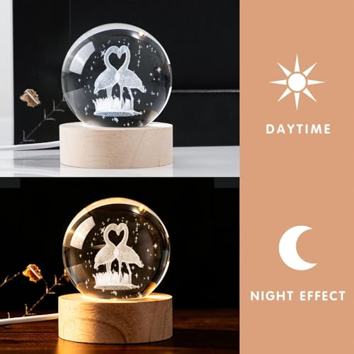 3D Engraved Heart Flamingo Crystal Ball, 2.4in 60mm Color‑Changing LED Night Light with Wooden Base, K9 Crystal Sphere, Romantic Love Gift for Her Him - color: Clear-flamingo