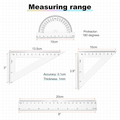 HARFINGTON 4pcs Triangular Ruler Set 20cm Plastic Metric Inch Geometric Protractor Triangle Engineering Scale Drafting Ruler Kit for Office Home - size: 20cm