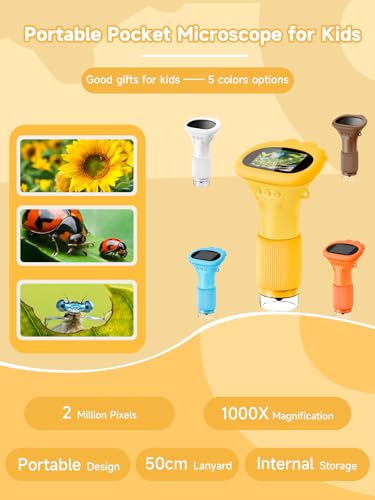 Acoath Microscope for Kids, 1000X Handheld Digital Miniscope with 2.0" Screen, Portable Pocket Microscope Education Toys Birthday Gifts for Age 3 4 5 6 7 8 9 10 Girls Boys - color: Yellow