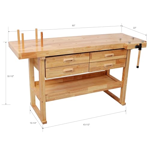 60" Wood Workbench with 4 Storage Drawers, Heavy Duty 330 lbs Work Table - color: Natural-c