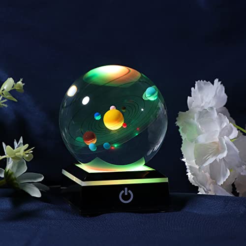 Qianwei 3D Solar System Model Crystal Ball Astronomy Gifts Men Space Decor - style: Colorful Solar System+LED BASE