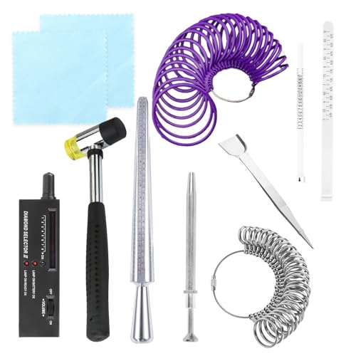 Jewelry Ring Sizer Tool Kit with Diamond Tester, Ring Mandrel & Rubber Hammer – Professional Ring Size Gauge Set for Jewelry Repair, Ring Sizing & Jewelry Making - color: 11pcs