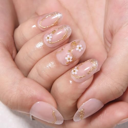 evpct 3D Flower Glitter French Tip Press on Nails Short Oval with Gold Line - color: 24Pcs Pink + Gold Line + Glitter Tips, size: Short Almond