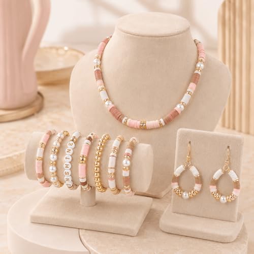 Believo Polymer Clay Beads Kit for DIY Jewelry with Elastic Cord, Colorful Flat Heishi Beads and Spacer Pieces – Ideal for Friendship Bracelet & Necklace Making (Camel Pink White 24) - color: Camel Pink White 24