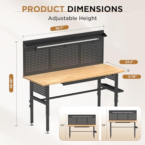 60" Solid Wood Workbench with Drawers, Power Outlet, LED Light & Pegboard - color: Black-b