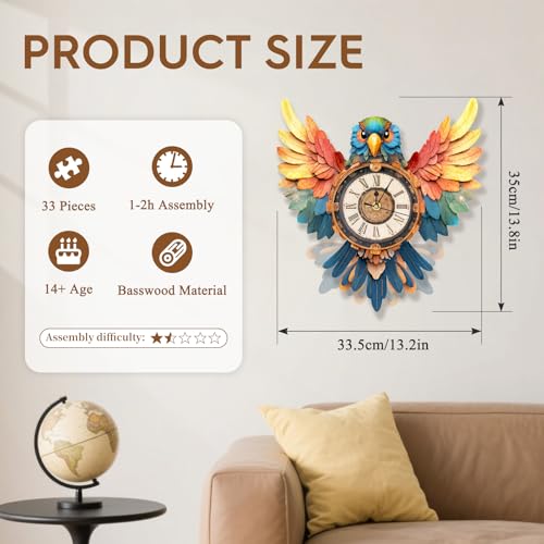 3D Puzzle for Adults Clock - Parrot Wall Clock Design Model Kit-Mechanical DIY Pendulum Clock with Roman Numerals- Desk Home Office Decor Personalized Gift for DIY Lovers - color: Parrot Wall