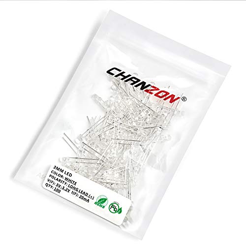 CHANZON 100 pcs 3mm White LED Diode Lights (DC 3V 20mA) - color: B) White, size: 3mm Round Top