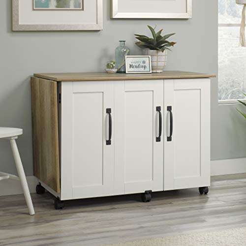 Sauder Miscellaneous Storage Sewing Cart, Drop-Leaf Craft Table, Sewing Table with Storage - Soft White Finish - color: Soft White Lintel Oak