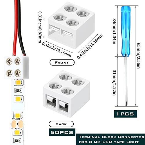 50 Pack Solderless led Strip Tape connectors Tighten Screw Terminal Blocks 2 Pin 8mm Connector Screwdriver Wire to Connector 5v 12v 24v Monochrome LED Low Voltage Strip Decorative Finishing 2P8MM - size: 8mm-50
