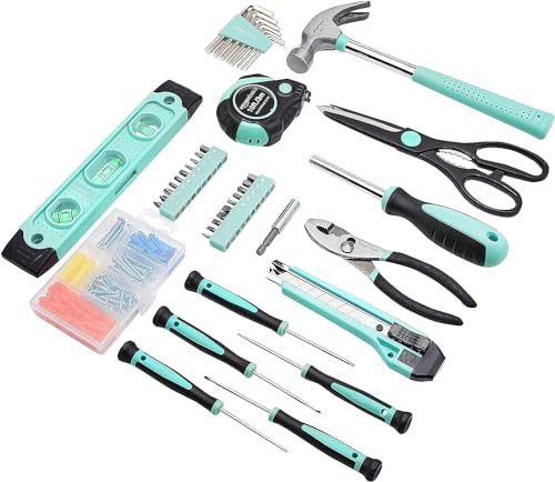 Amazon Basics 142-Piece Household Tool Kit for Home Repair, Hand Tools with Storage Case, 13.39 x 9.25 x 2.95 inch, Turquoise - color: Turquoise