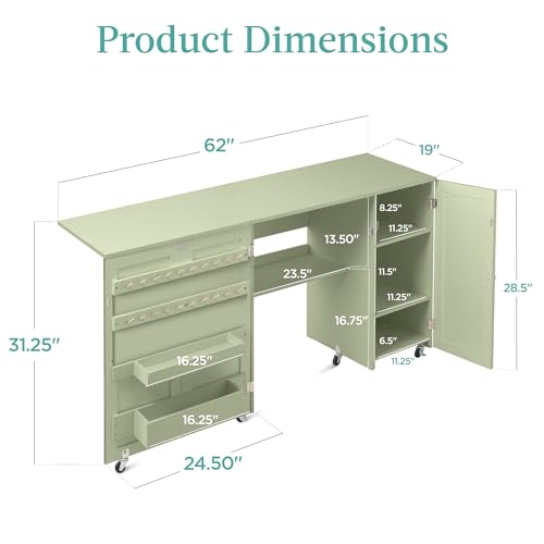 Best Choice Products Large Folding Sewing Table, Multipurpose Portable Craft Station & Side Desk w/Compact Design, Caster Wheels, Storage Shelves, 2 Storage Trays, Magnetic Doors - Light Green - color: Light Green