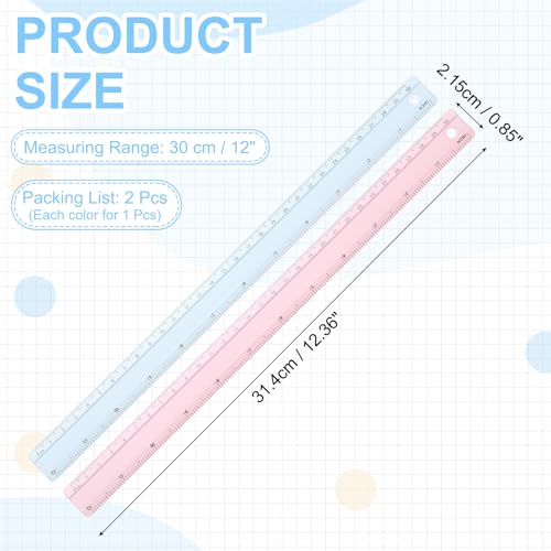 PATIKIL Metal Ruler 12 Inch/30cm, 2 Pcs Aluminum Straight Edge Ruler, Dual Scale Measuring Tool with Inch/Centimeter Scales & Hole for Math Office Drawing Engineering Home, Pink/Blue - color: Pink/Blue