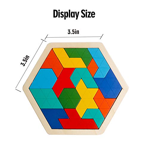 Wooden Hexagon Puzzle, Geometry Logic IQ Brain Blocks for Kids & Adults - style: Puzzle 2- Triangle Rainbow
