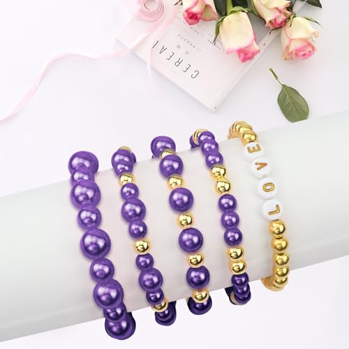 Dark Purple Pearl Bracelet Making Kit Gold Beads for Bracelets - color: 18-Dark Purple & Gold