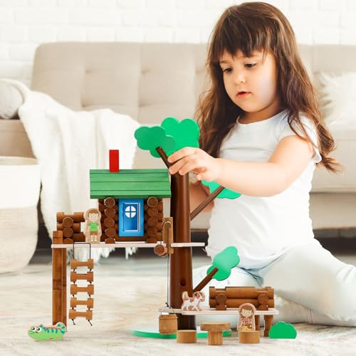 SainSmart Jr. 2-Tier Wooden Tree House Building Set – Educational Gift for Kids, Creative STEM Toy with Cabins and Interchangeable Leaves, STEM Retro Classic Toy Compatible with Lincoln Logs - style: 2-Tier Tree House - 84 Pcs
