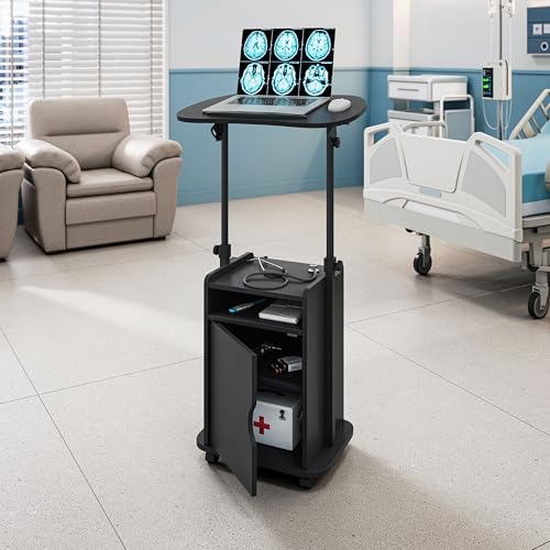 Adjustable Height Rolling Laptop Desk with Storage Cabinet & Wheels - color: Black-i
