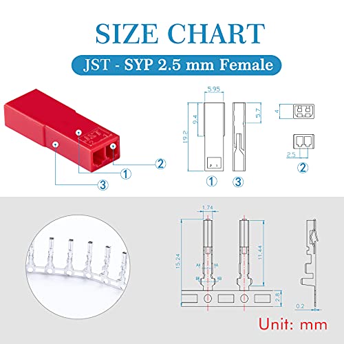 CQRobot JST SYP 2.5 mm Pitch 2-Pin Electronic Connector IC Male Plugs, Female Sockets Housing and Male/Female T-Shaped Crimp Terminal Kit. 50 Sets/300 Pieces Wire-Wire Adapter Cable Assembly. - size: 2P, style: SYP-N