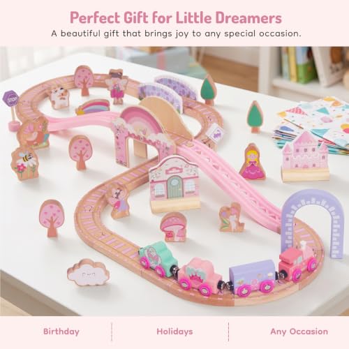 Wooden Train Set for Girls,46Pcs Train Track Railway for Toddlers
